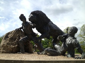 Incredible statue of David Livingstone being attacked by a lion in Africa. Livingstone Memorial, Blantyre